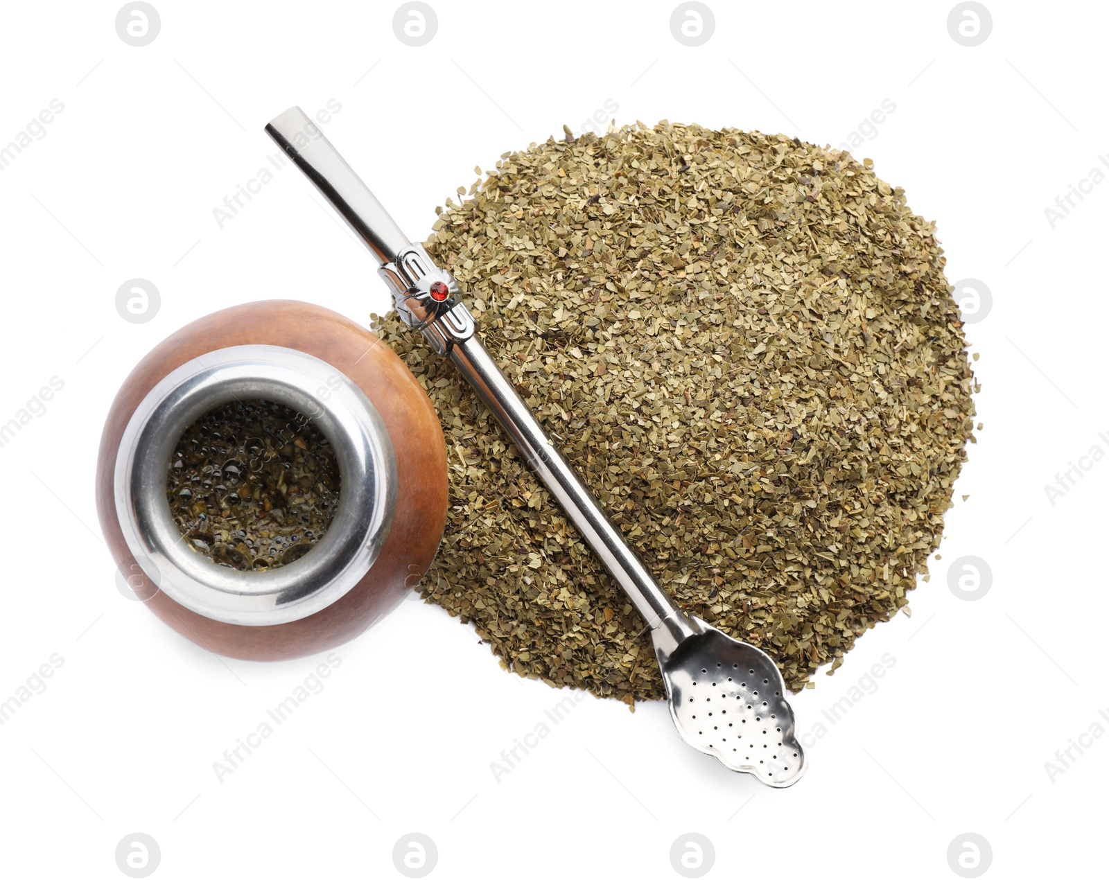 Photo of Calabash with mate tea and bombilla on white background, top view