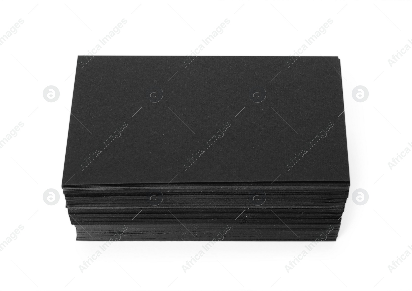 Photo of Stack of blank black business cards isolated on white, above view. Mockup for design