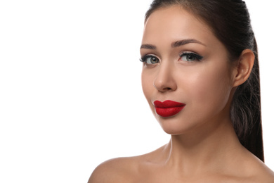 Photo of Beautiful woman with red lipstick on white background