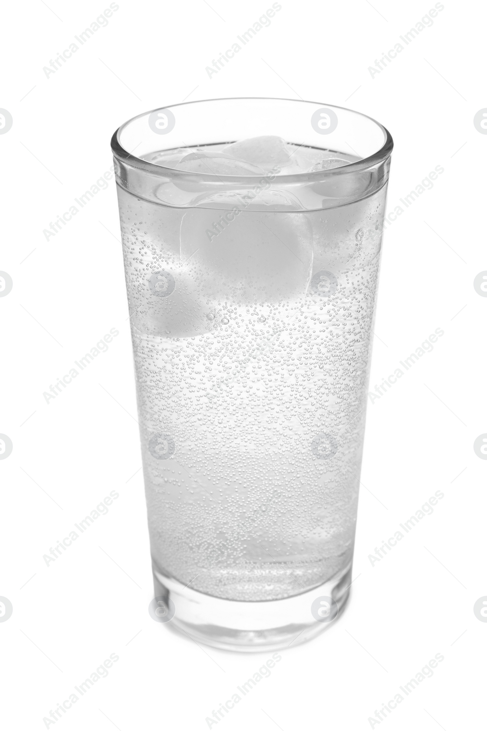 Photo of Glass of soda water with ice cubes isolated on white