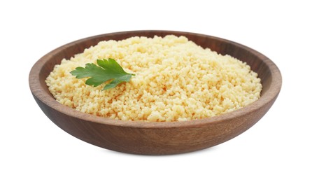 Photo of Tasty couscous with parsley on white background