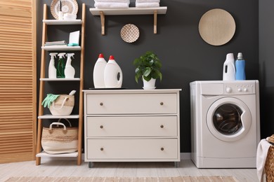 Laundry room interior with washing machine and furniture