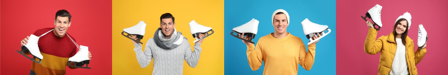 Image of Collage with photos of man and woman with ice skates on color backgrounds, banner design