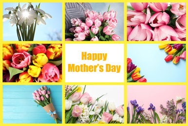 Image of Collage with photos of beautiful flowers and text Happy Mother's Day