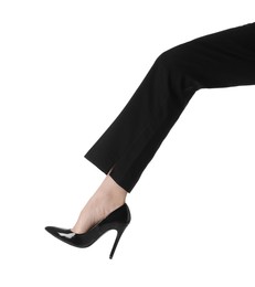 Photo of Businesswoman in leather shoes on white background, closeup