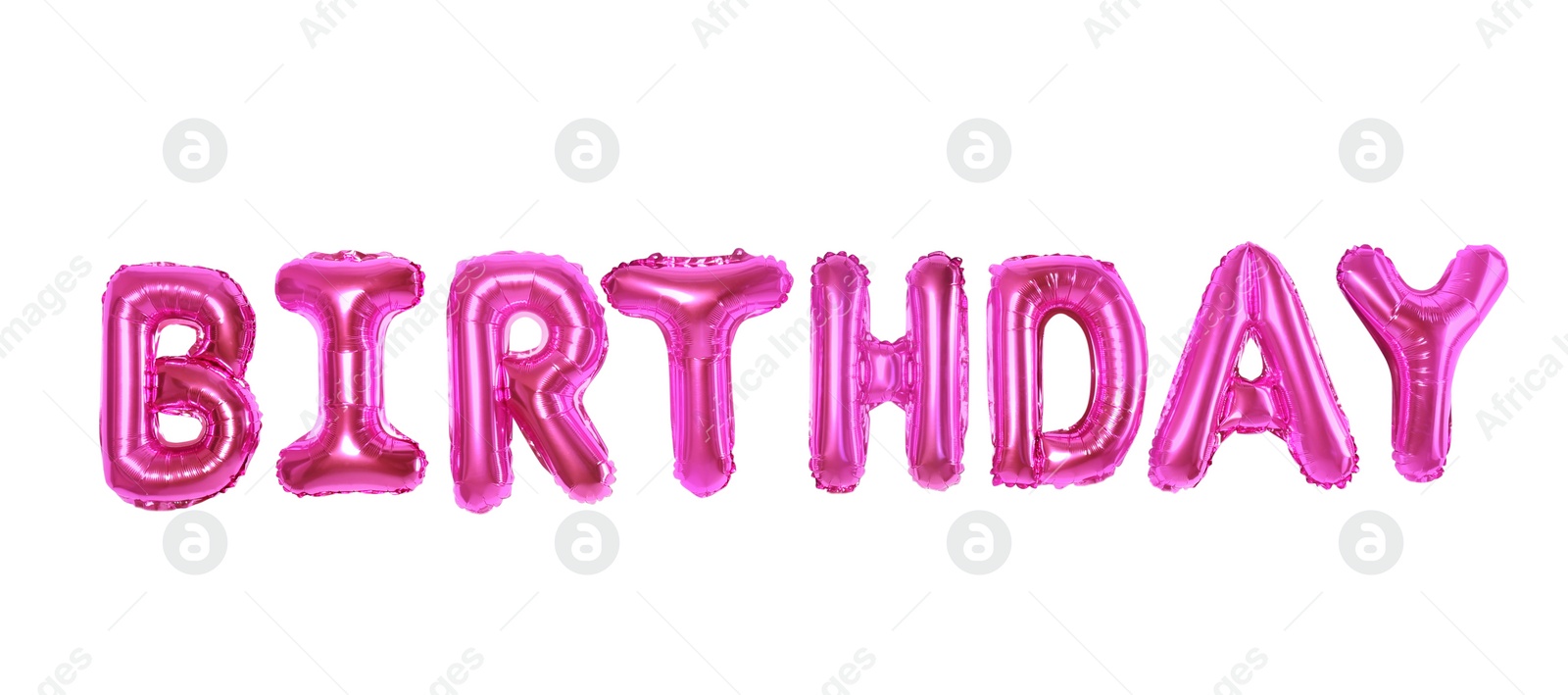 Photo of Word BIRTHDAY made of pink foil balloon letters on white background