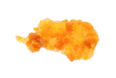 Photo of Tasty peach jam on white background