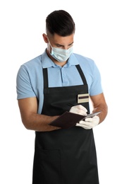 Photo of Waiter in medical face mask taking order on white background