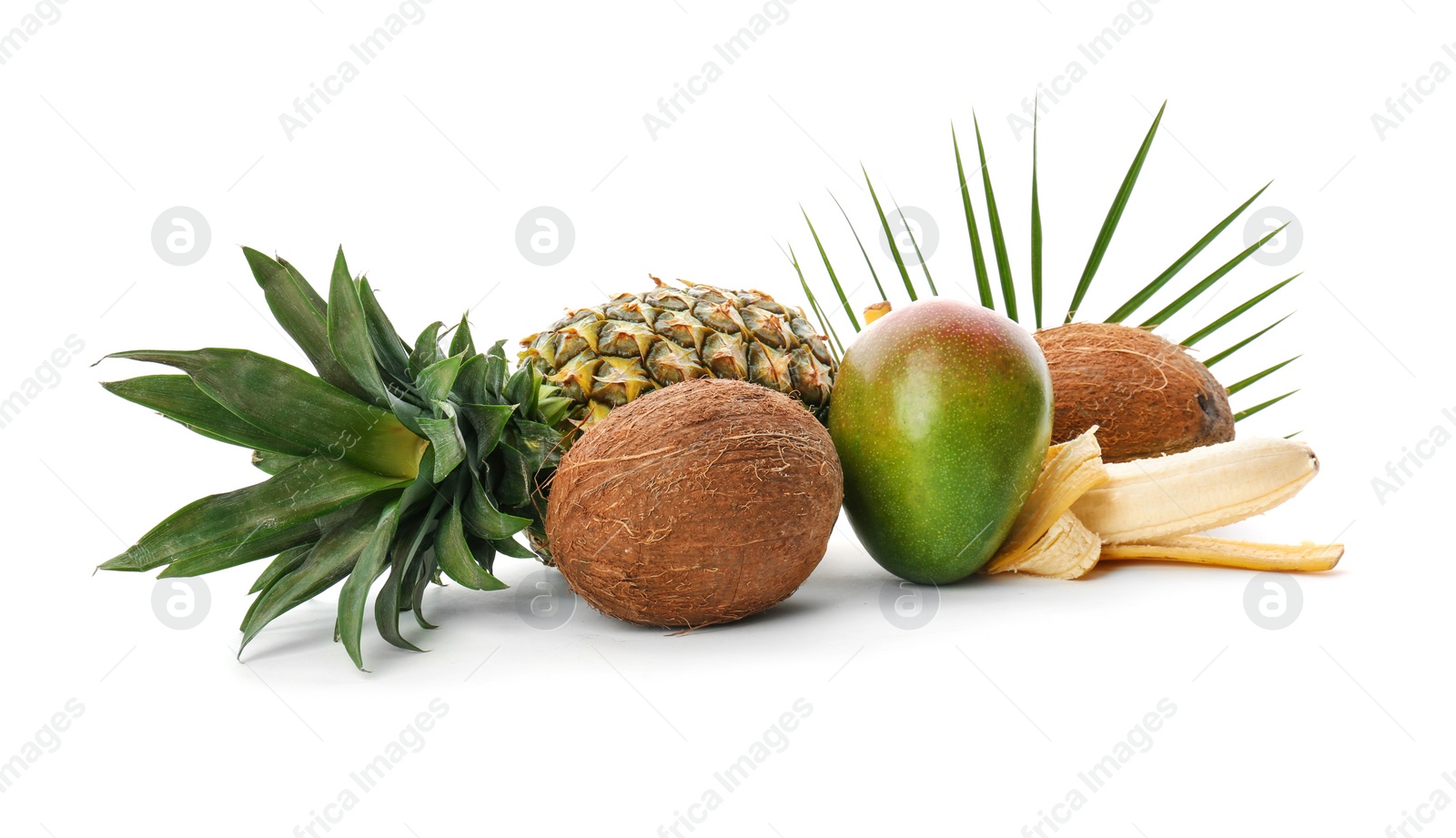 Photo of Set of fresh tropical fruits on white background