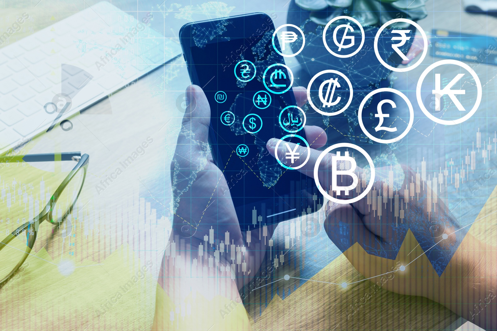Image of Money exchange. Double exposure with chart, different currency symbols and photo of man using smartphone