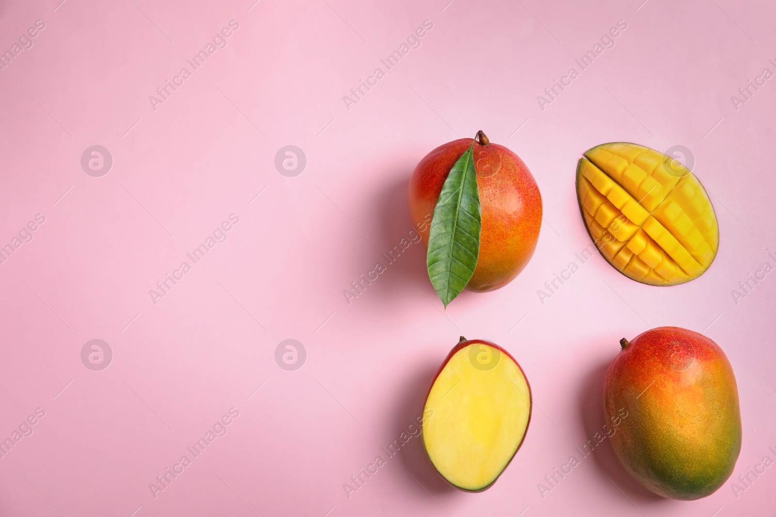 Photo of Flat lay composition with ripe mangoes and space for text on color background