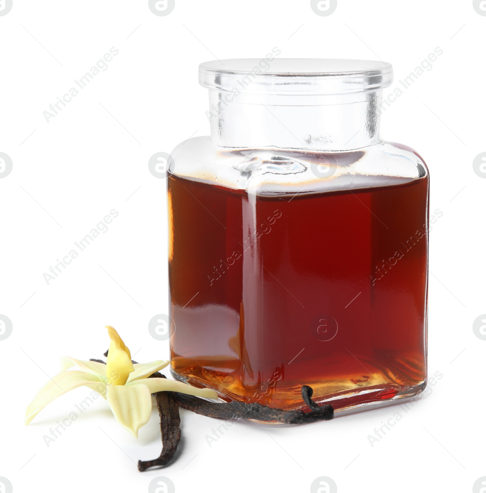 Photo of Vanilla extract, flower and dry pods isolated on white