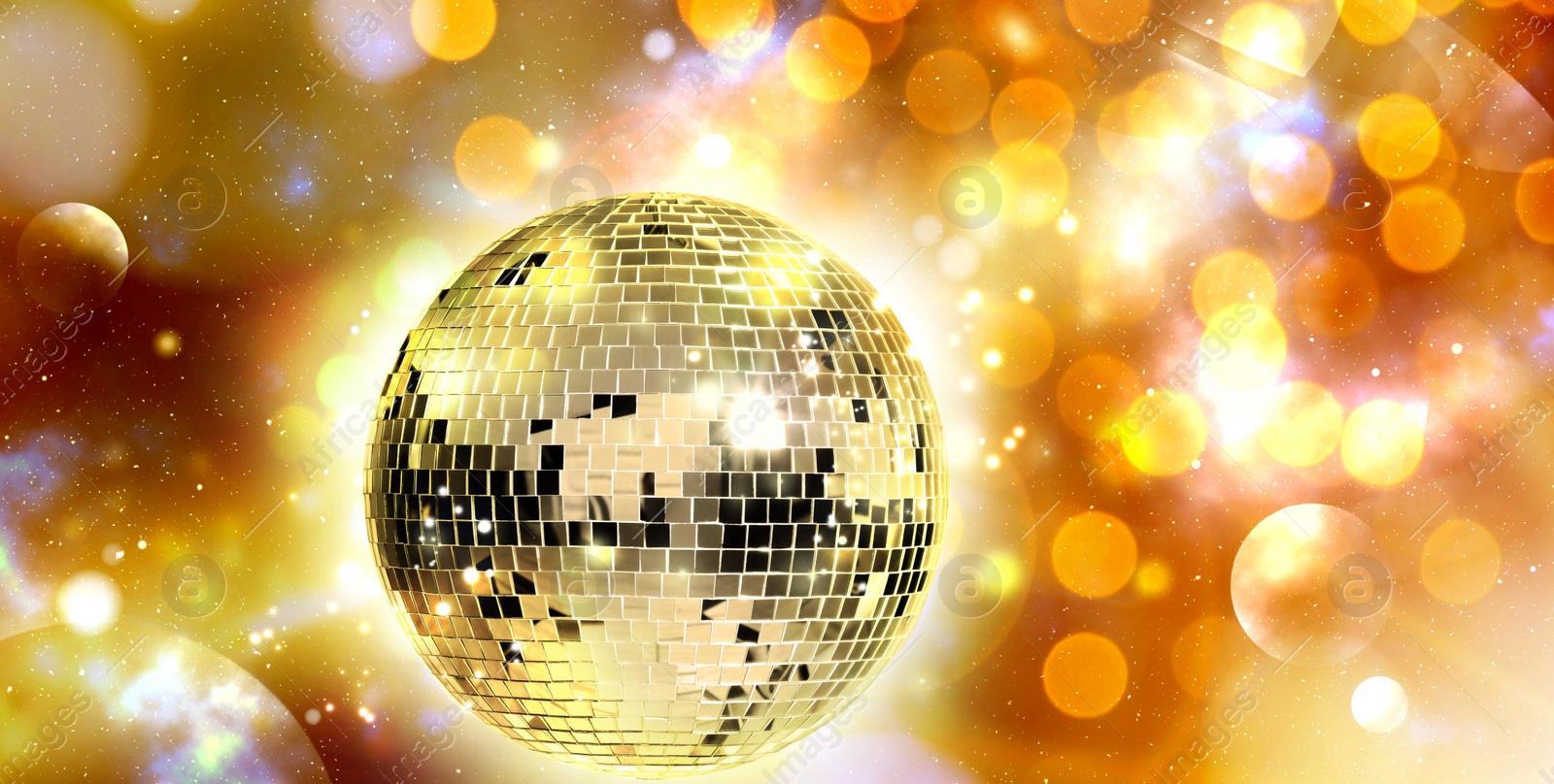 Image of Shiny disco ball under golden lights, banner design. Bokeh effect