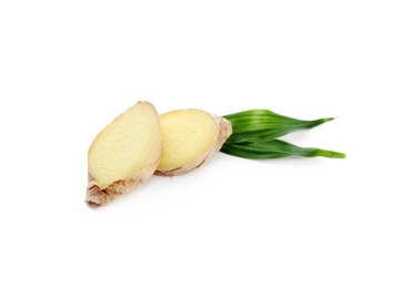 Photo of Slicesfresh ginger and leaves isolated on white