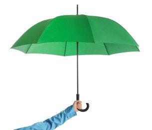 Photo of Woman with open green umbrella on white background, closeup