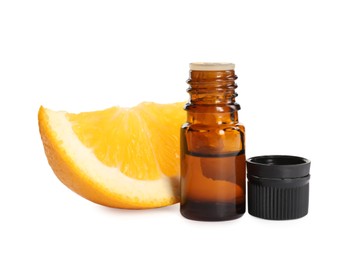 Photo of Bottle of citrus essential oil and fresh orange slice on white background