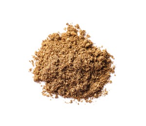 Heap of aromatic caraway (Persian cumin) powder isolated on white, top view