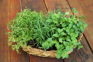 Photo of Wicker basket with fresh mint, thyme and rosemary on wooden table outdoors. Aromatic herbs