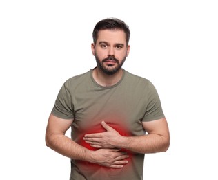 Image of Man suffering from stomach pain on white background