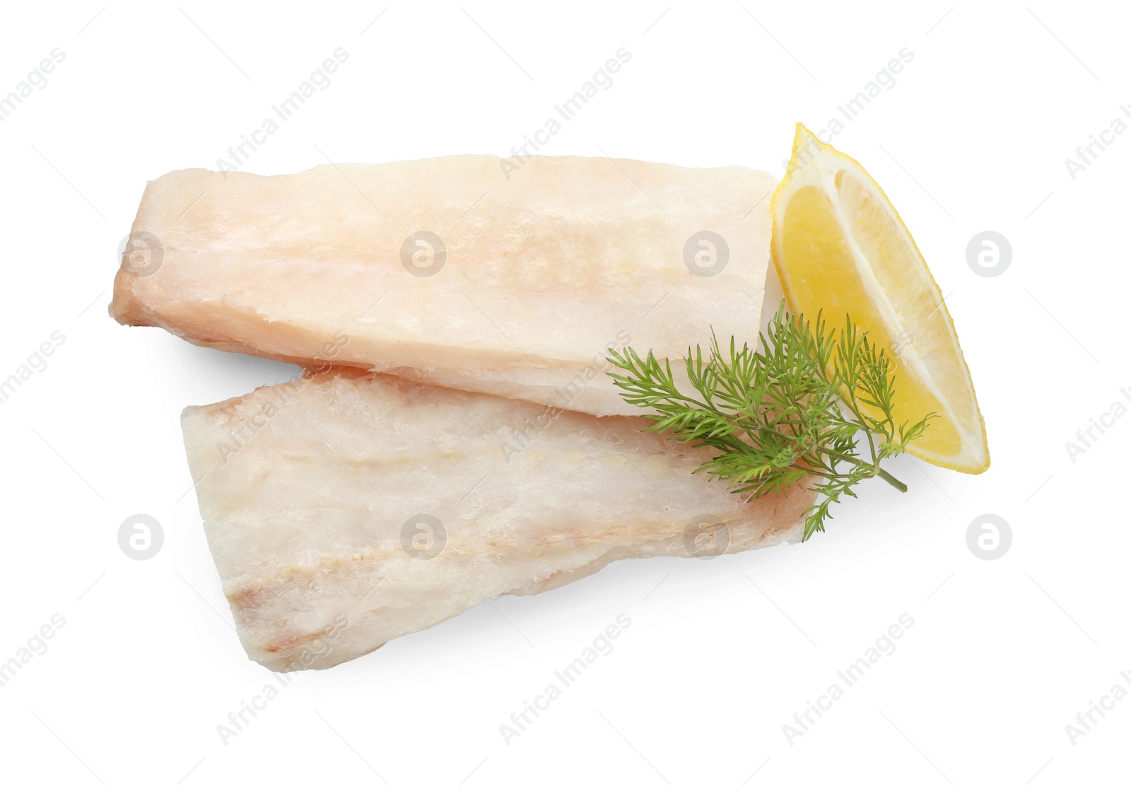 Photo of Fresh raw cod fillets with dill and lemon isolated on white, top view