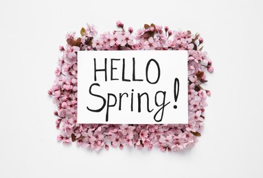 Photo of Beautiful tree blossoms and card with text Hello Spring on white background, top view