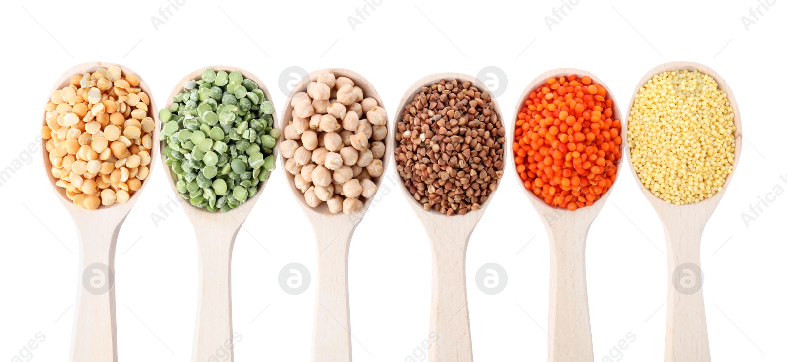 Photo of Different types of legumes and cereals on white background, top view. Organic grains