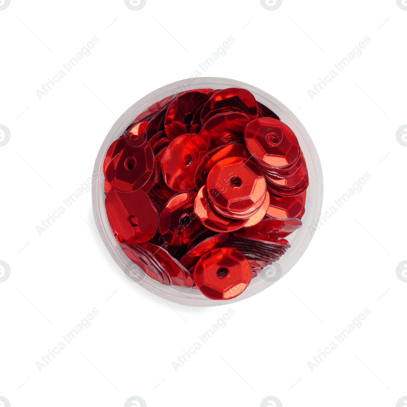 Photo of Red sequins on white background, top view