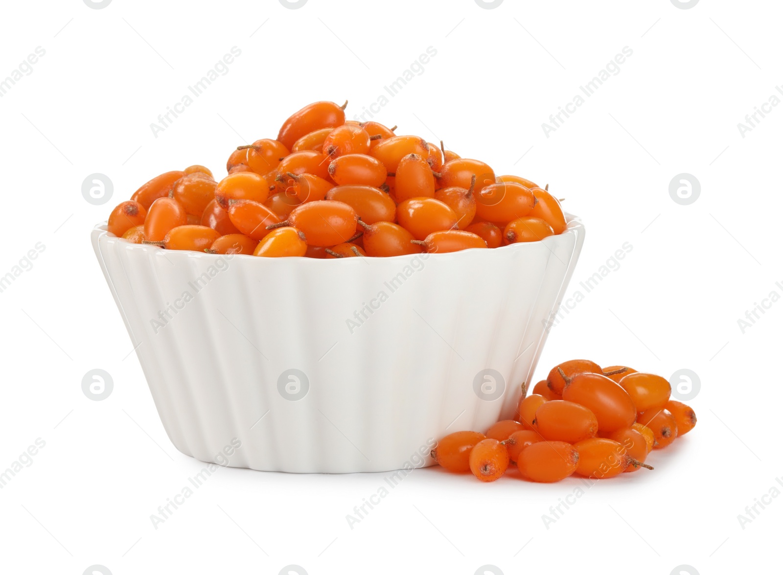 Photo of Bowl with fresh ripe sea buckthorn berries on white background