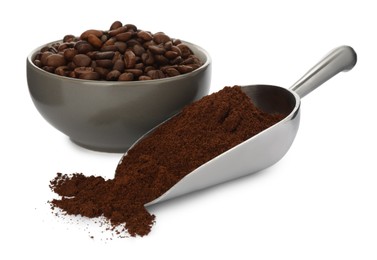 Photo of Coffee grounds and roasted beans on white background