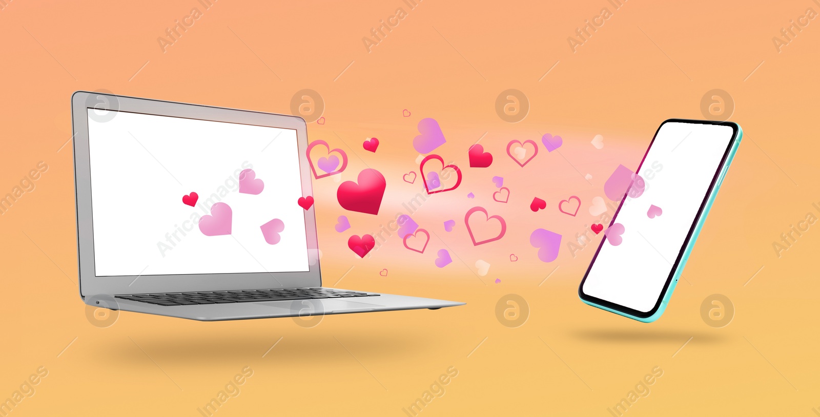 Image of Love in long distance relationship. Many hearts between laptop and mobile phone on gradient background, banner design