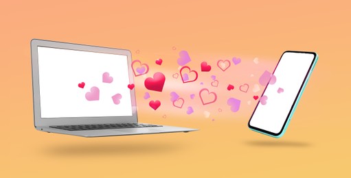 Image of Love in long distance relationship. Many hearts between laptop and mobile phone on gradient background, banner design