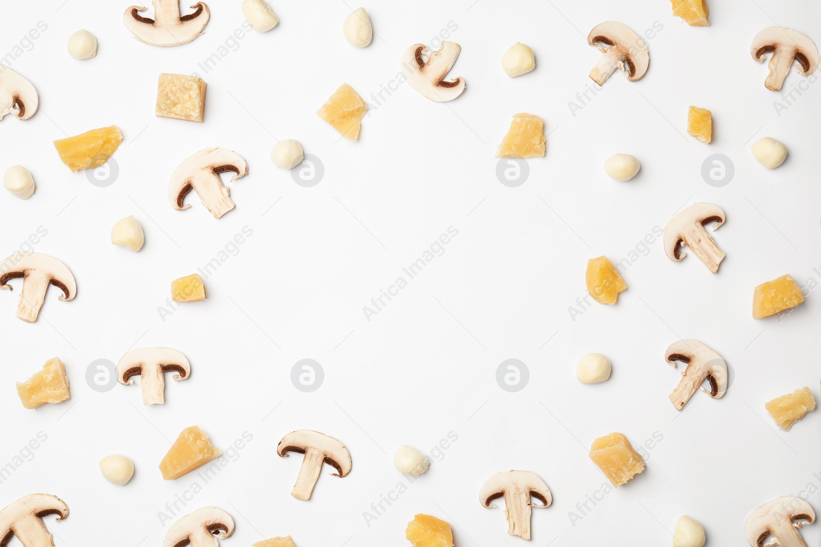 Photo of Flat lay composition with ingredients for pizza on white background