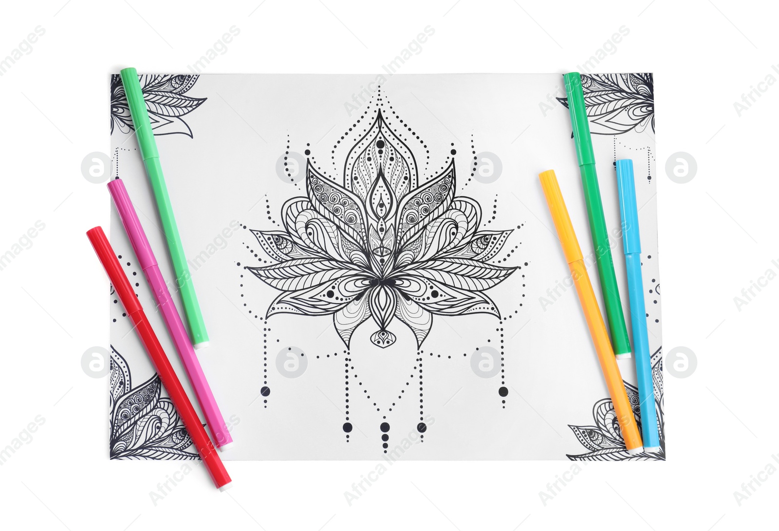 Photo of Antistress coloring page and felt tip pens on white background, top view