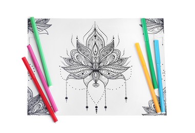 Photo of Antistress coloring page and felt tip pens on white background, top view