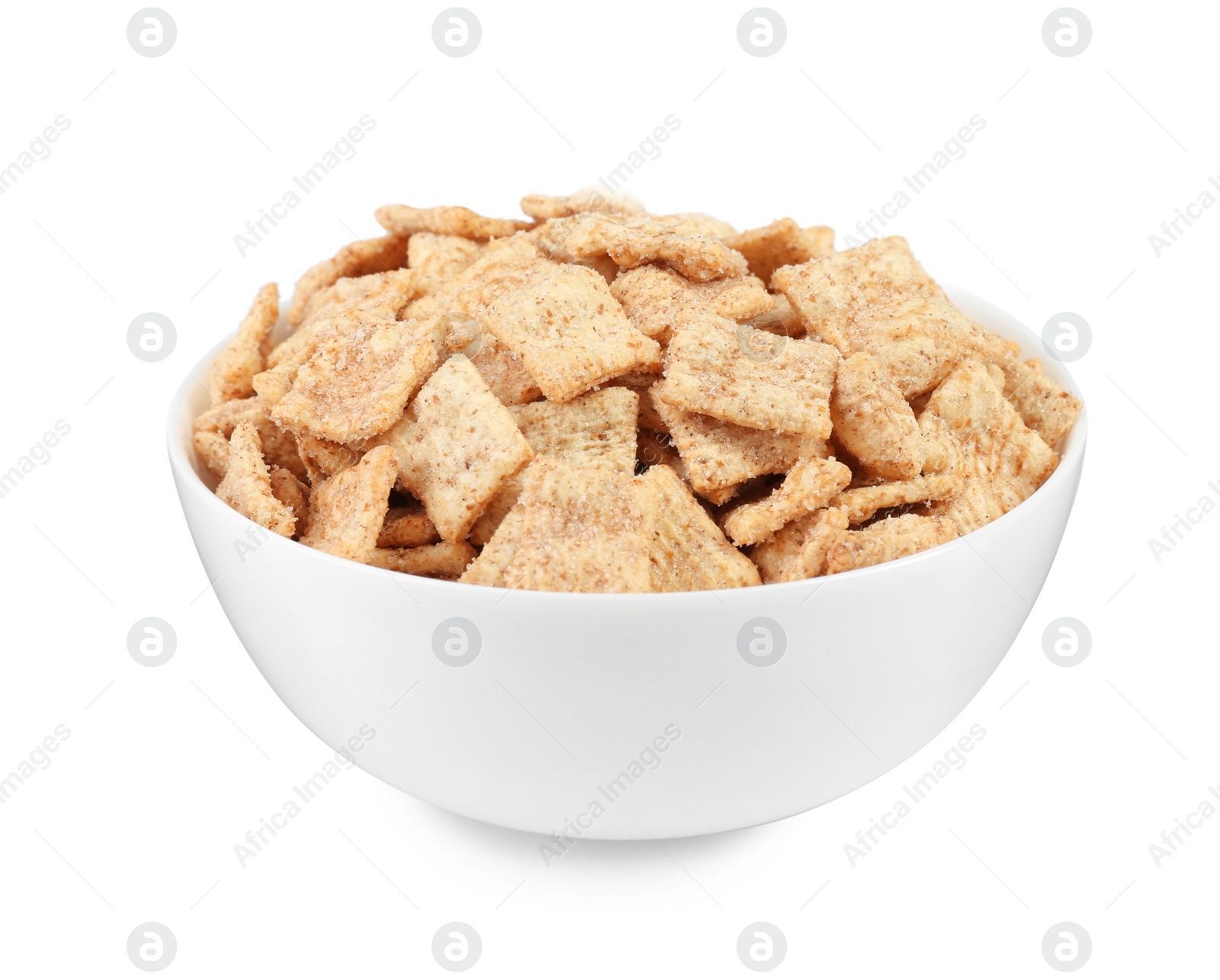 Photo of Bowl of delicious crispy breakfast cereal on white background