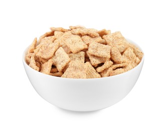 Photo of Bowl of delicious crispy breakfast cereal on white background