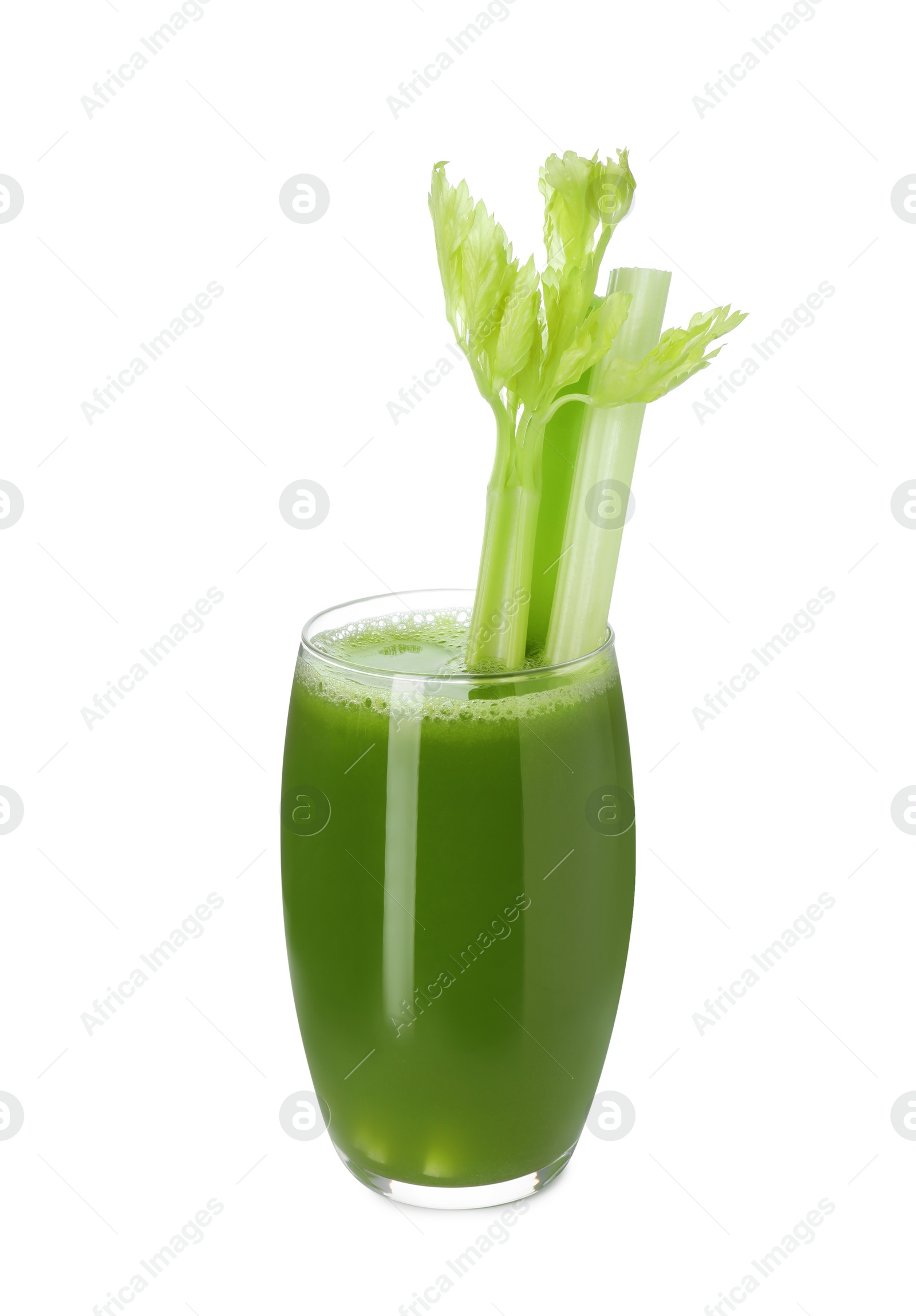 Photo of Glass of fresh celery juice on white background