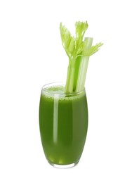 Photo of Glass of fresh celery juice on white background