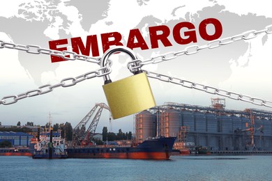 Economic sanctions. Ship in port near grain terminal. Illustration of world map locked with padlock and chains