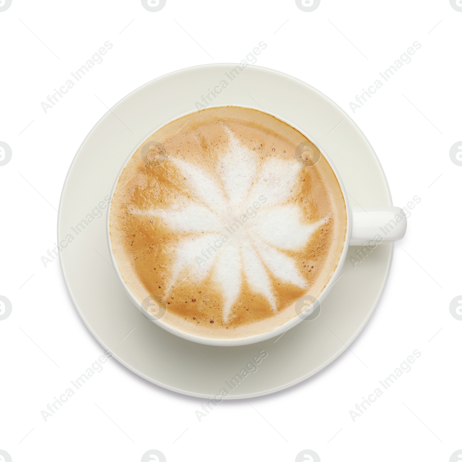 Photo of Cup of hot coffee isolated on white, top view