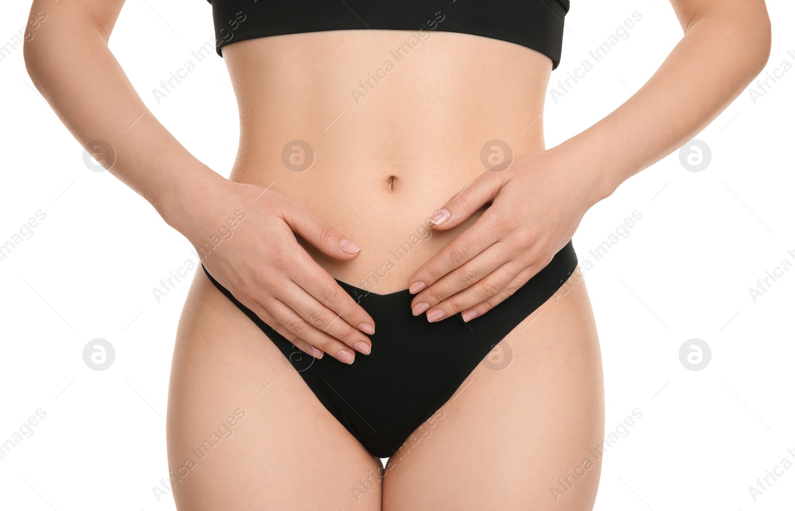 Photo of Gynecology. Woman in underwear on white background, closeup