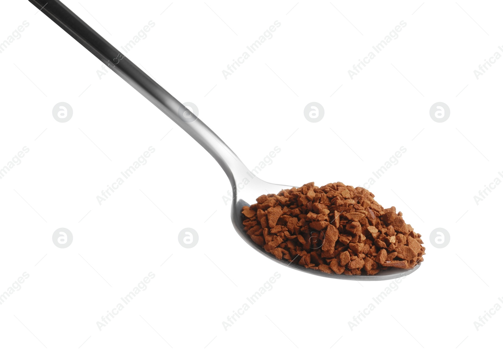 Photo of Spoon with aromatic instant coffee isolated on white