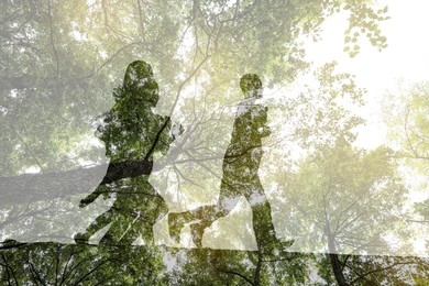 Image of Double exposure of running children and trees outdoors