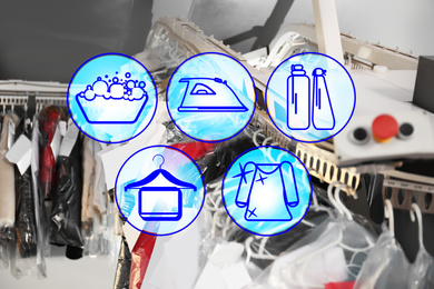 Image of Different icons and hangers with clothes on garment conveyor at dry-cleaner's