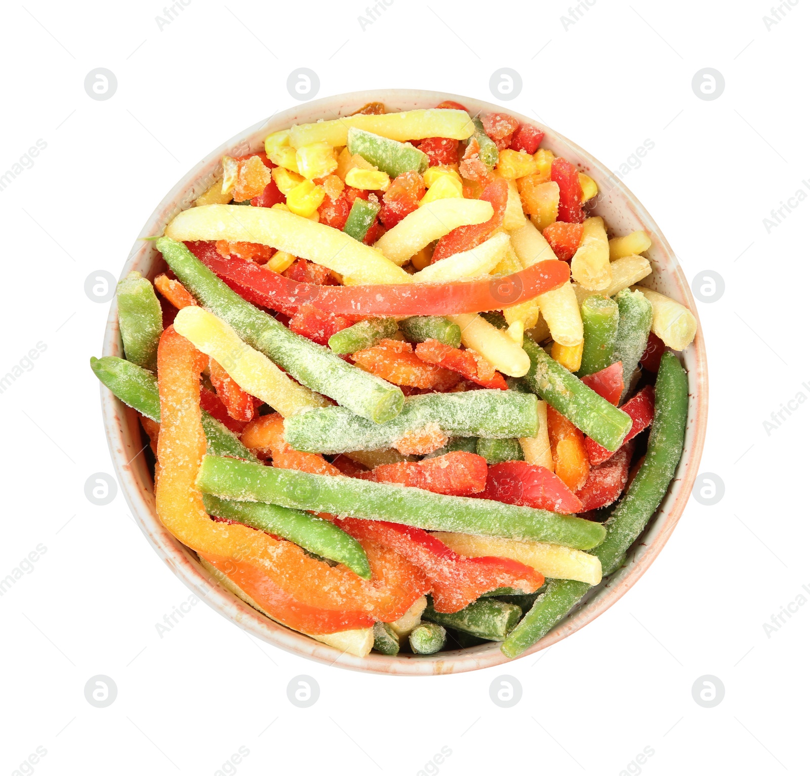 Photo of Mix of different frozen vegetables in bowl isolated on white, top view