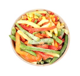 Mix of different frozen vegetables in bowl isolated on white, top view