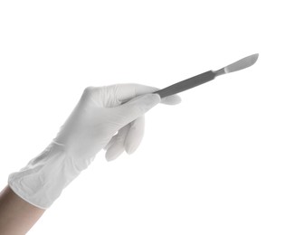 Photo of Doctor holding surgical scalpel on white background, closeup. Medical instrument
