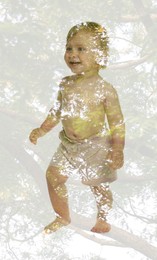 Double exposure of cute little child and green tree