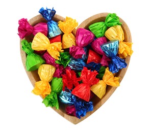 Heart shaped plate with candies in colorful wrappers isolated on white, top view