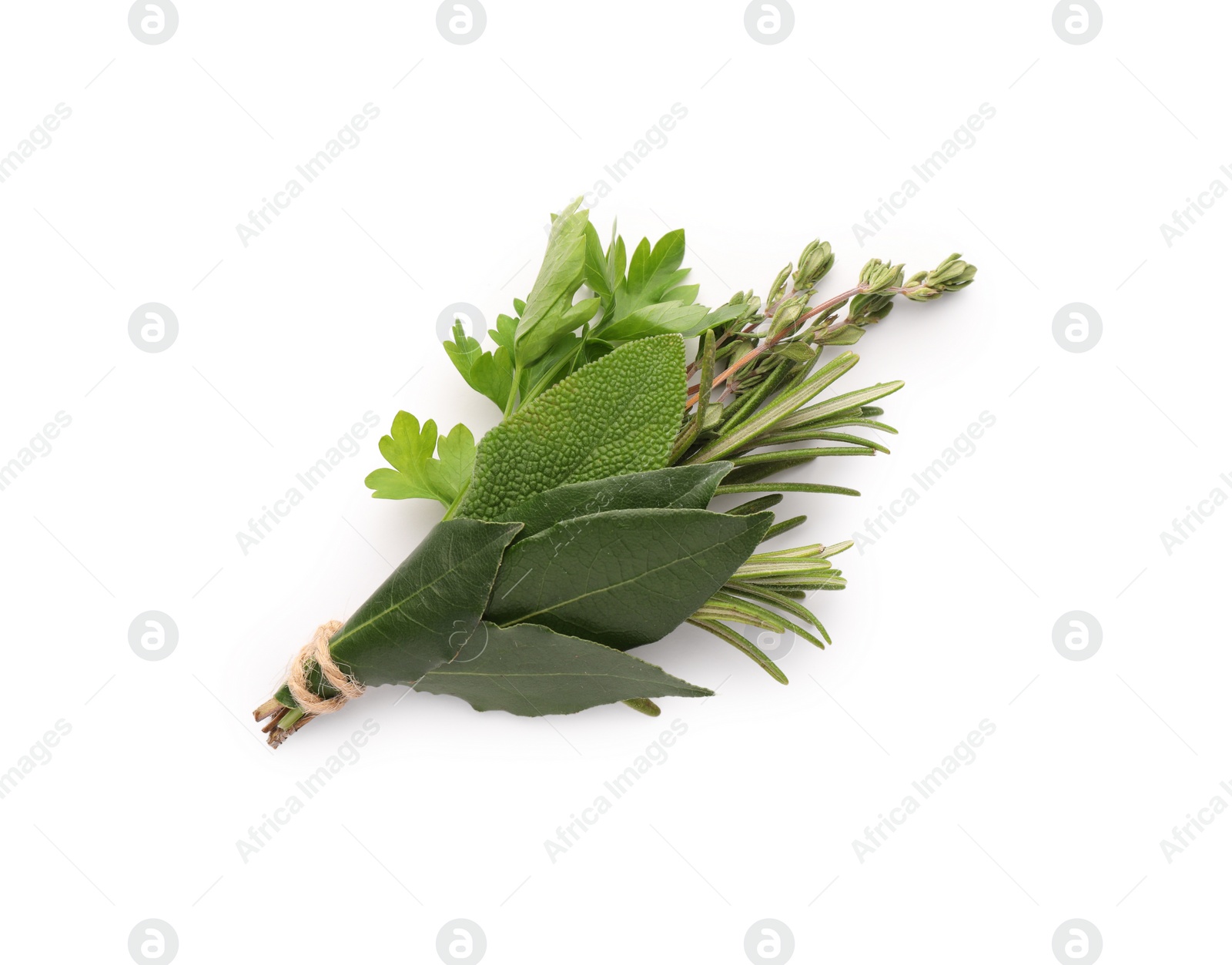 Photo of Bundle of aromatic bay leaves and different herbs isolated on white, top view